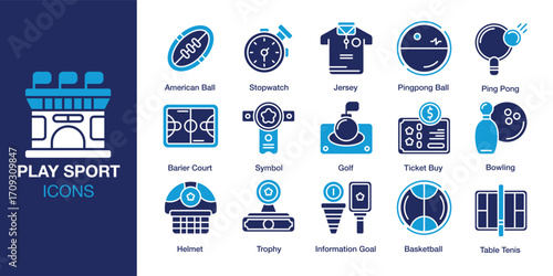 Play Sport icon set. Containing athlete, football, field, exercise, active, and more. Solid vector icons collection. Vector illustration.
