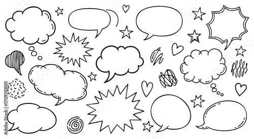 Hand-drawn speech bubbles and stars, perfect for adding emphasis, thoughts, and emotion to any design