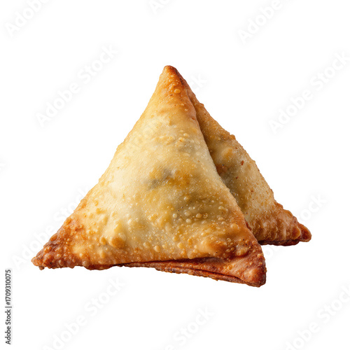 Two golden-brown, triangular samosas, filled with spiced savory filling, displayed against a black background