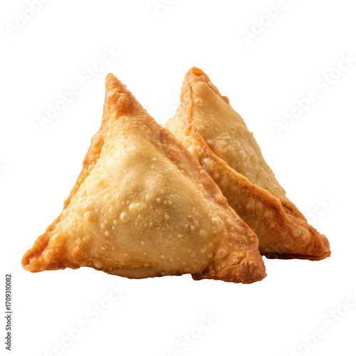 Two golden-brown triangular samosas, nestled together, with crispy edges