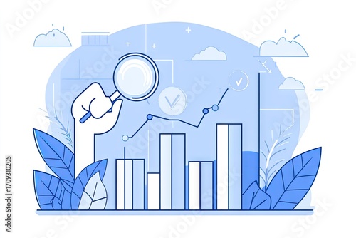 A hand holding a magnifying glass examines a bar graph showing a trend, set against a light blue background with stylized clouds and leaves.  The image suggests analysis or market research