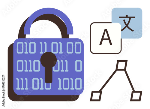 Lock with binary code, translation icons, and connected tech nodes. Ideal for cybersecurity, translation, language technology, encryption, data protection, machine learning simple flat metaphor