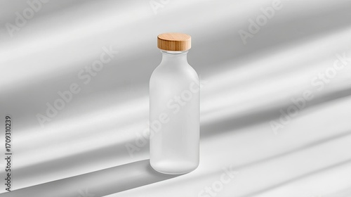 Frosted glass bottle with a light brown wooden cap rests on a subtly draped, light grey fabric.  Soft lighting casts a gentle shadow