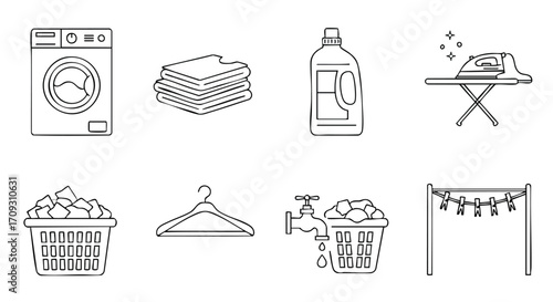 Streamline laundry tasks with this modern icon set featuring washer, basket, detergent, and ironing essentials.