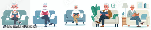 vector grandfather relaxing on sofa reading book