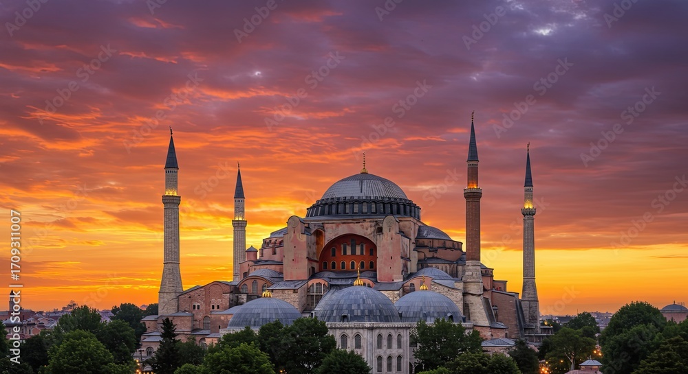 Obraz premium Grand Byzantine Architecture at Colorful Sunset Sky, Istanbul