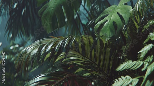 Close-up view of a dense, lush jungle with vibrant green foliage and diffused light. An organic scene of thriving tropical flora