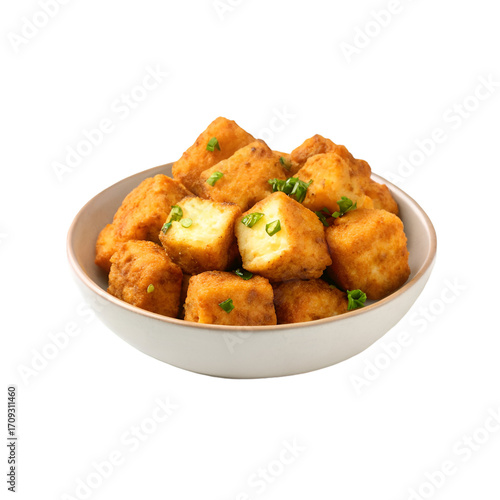 Bowl of Crispy Fried Paneer Cubes with Green Garnish cheese cubes indian cheese