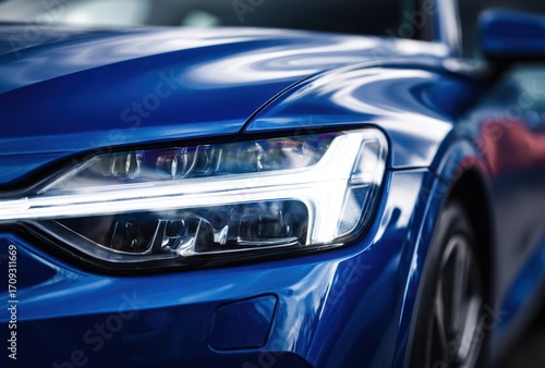 Close-up view on the front of a deep blue car, emphasizing the bright, angular headlight and sleek body curves under lighting