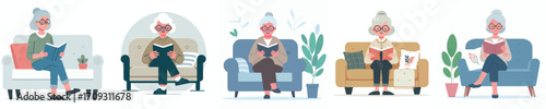 vector grandmother relaxing on sofa reading book