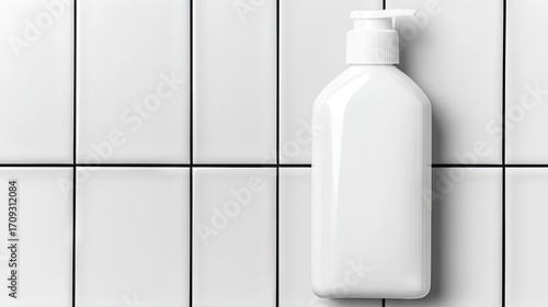 A clean, white rectangular pump bottle sits against a backdrop of white square tiles with thin black grout lines.  The image is a simple, minimalist product shot
