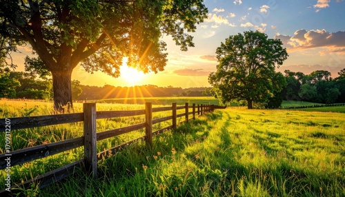 Sunny landscape wooden fence stretches across a verdant field under a bright sunset, with trees silhouetted against the golden sky