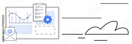 Email icon, analytics chart, checklist clipboard, and gear icon representing cloud storage, automation, and productivity. Ideal for business analysis, communication, workflow data exchange