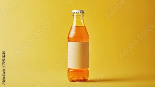 A glass bottle of amber-colored beverage with a blank beige label stands against a yellow backdrop.  The bottle has a light-colored metal cap