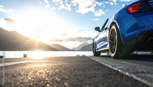Sleek blue car parked beside calm lake with distant mountains under bright, cloudy sky, sun reflecting on asphalt road