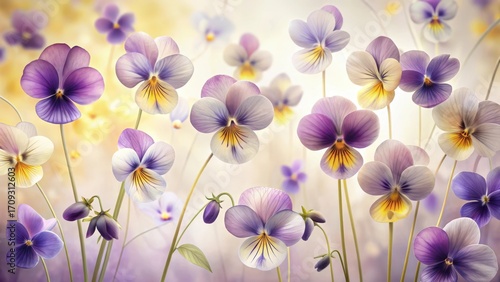 A Serene Garden of Delicate Purple and Yellow Pansies Blooming in Soft Sunlight