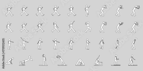 Collection of simple line art stick figure poses showing various actions and movements against a plain background