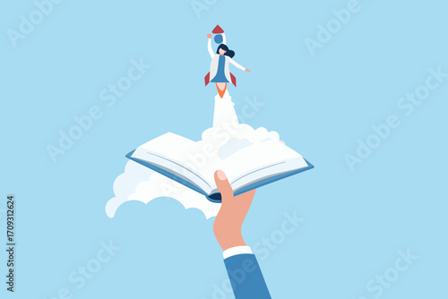 A woman in a rocket launches from an open book held by a hand symbolizing education and ambition