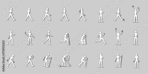 Collection of stylized white figures demonstrating various human poses and actions on a gray background
