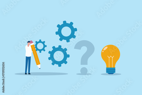 Man with pencil and gears thinking about a bright idea next to a question mark