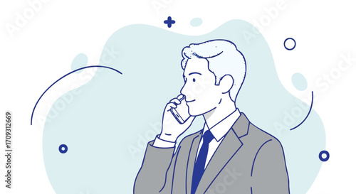 Professional businessman confidently talking on phone in modern abstract workspace, conveying connection and communication