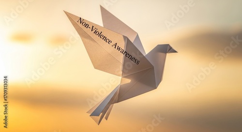 An origami dove with the 'Non-Violence Awareness' message takes flight against a warm, glowing sky.