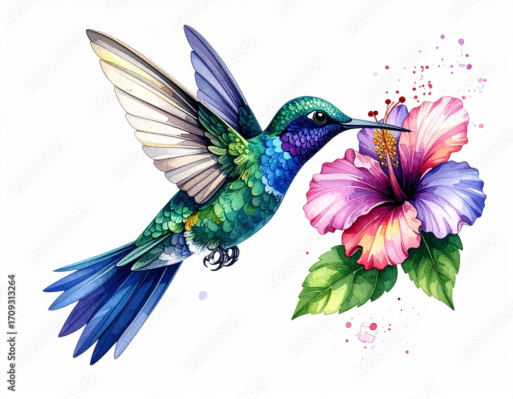 Fototapeta premium Vibrant hummingbird in flight sips nectar from a colorful tropical flower, celebrating nature's delicate beauty.