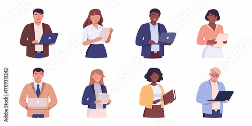 Diverse group of business professionals holding laptops and documents in a flat illustration style