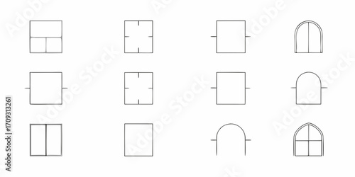 Collection of hand drawn architectural window designs and shapes in a grid layout
