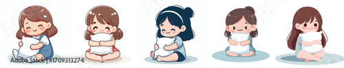 vector little girl sitting on the floor hugging a pillow