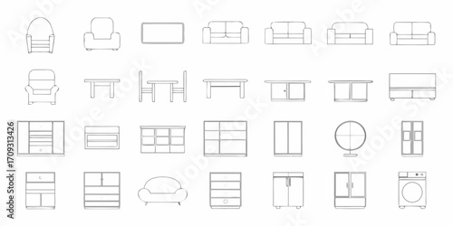 Collection of simple line art furniture icons for interior design and home decor projects