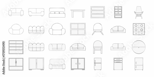 Collection of simple line art icons representing various furniture items for home interior design