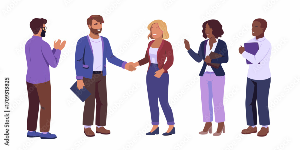 Obraz premium Diverse group of business professionals collaborating and shaking hands in a modern office setting