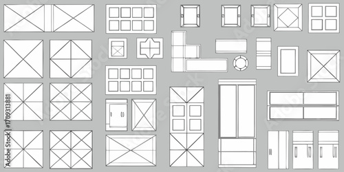 Collection of hand drawn architectural elements and furniture top down view sketches