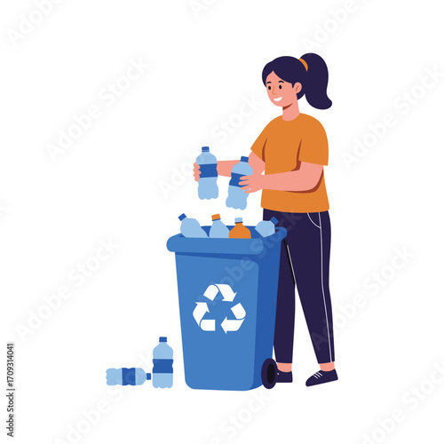 Vector art of young woman sorting plastic bottles into a blue recycling bin