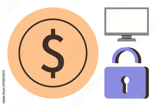 Dollar sign icon, monitor, and locked padlock convey data security, online payment, digital banking, cybersecurity, financial technology, secure transactions, simple flat metaphor