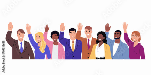 Diverse group of smiling people raising their hands in unison on a white background