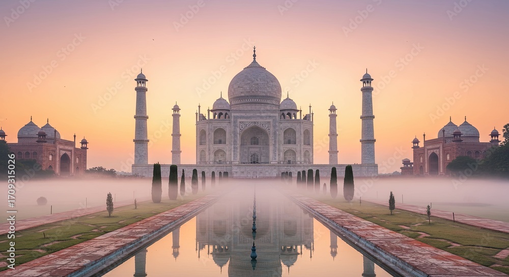 Obraz premium Majestic White Mausoleum Reflecting in Water During Sunrise