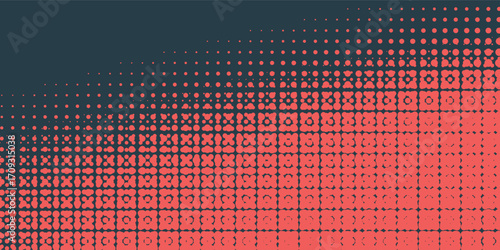 Aesthetic Vector Chequered Halftone Pattern Smooth Curved Border Red Blue Abstract Background. Checkered Rounded Square Dots Blur Texture Pop Art Design.Eps 10