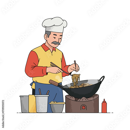 Vector art of a male chef wearing a chef hat and apron, skillfully cooking noodles in a wok over a stove