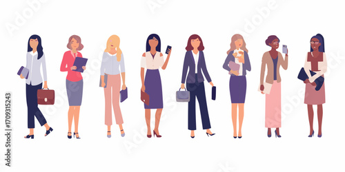 Diverse group of professional women standing together in business attire holding briefcases and phones