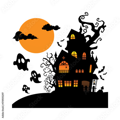 Creepy haunted house silhouette with ghosts and a full moon for a spooky Halloween night vector art