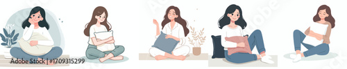 vector woman sitting on the floor hugging a pillow