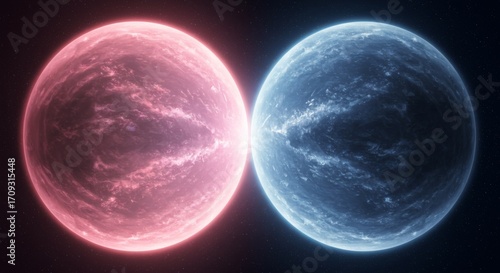Binary star system with a red and blue planet