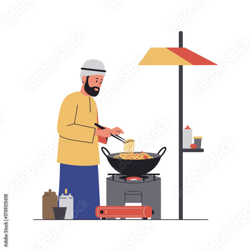 Vector art of a man wearing a white cap and yellow shirt cooks noodles in a wok on a stove at a street food stall