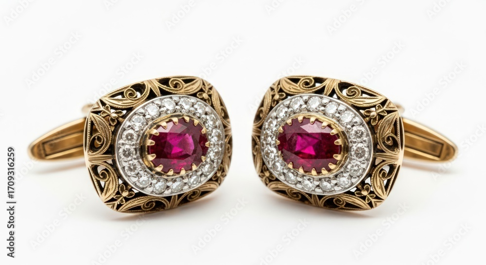 Naklejka premium Exquisite ruby diamond gold cufflinks elevate formal wear