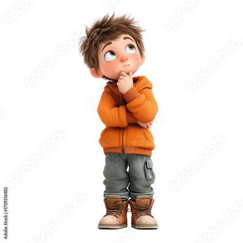 A Pensive Young Boy, Lost in Thought, Cartoon isolated on transparent White background pn