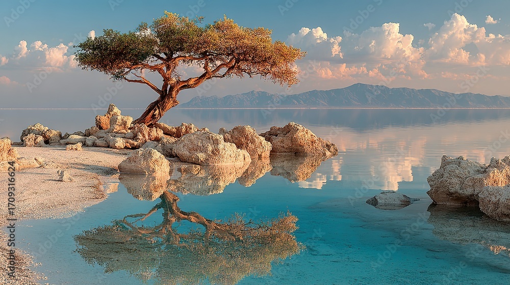 Fototapeta premium Tree and rocks reflecting in calm water with mountains and sky background.