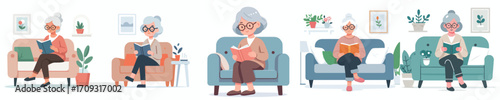 vector grandmother relaxing on sofa reading book