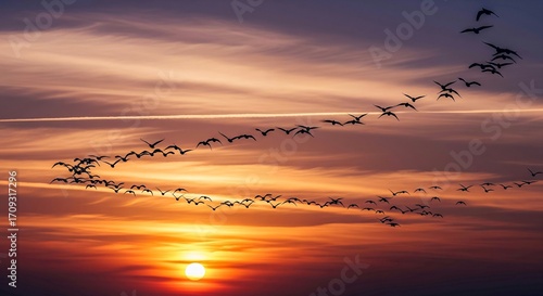 A Flock of Birds Migrating at Sunset.